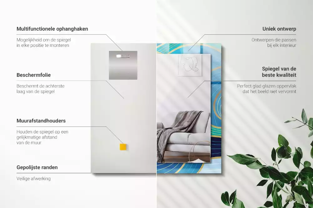 Miroir rectangulaire imprimé motifs ondulés bleu clair