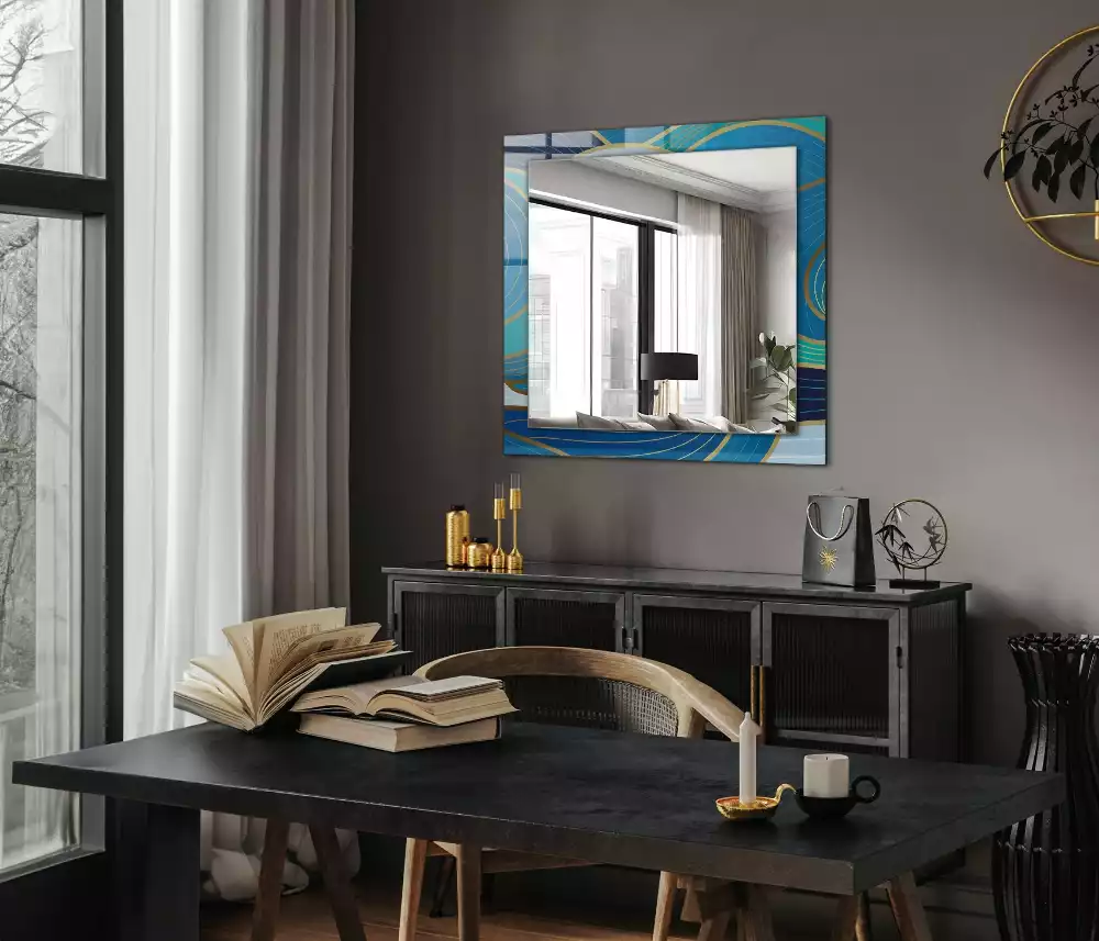 Miroir rectangulaire imprimé motifs ondulés bleu clair