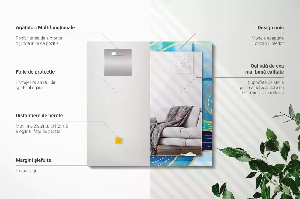 Miroir rectangulaire imprimé motifs ondulés bleu clair