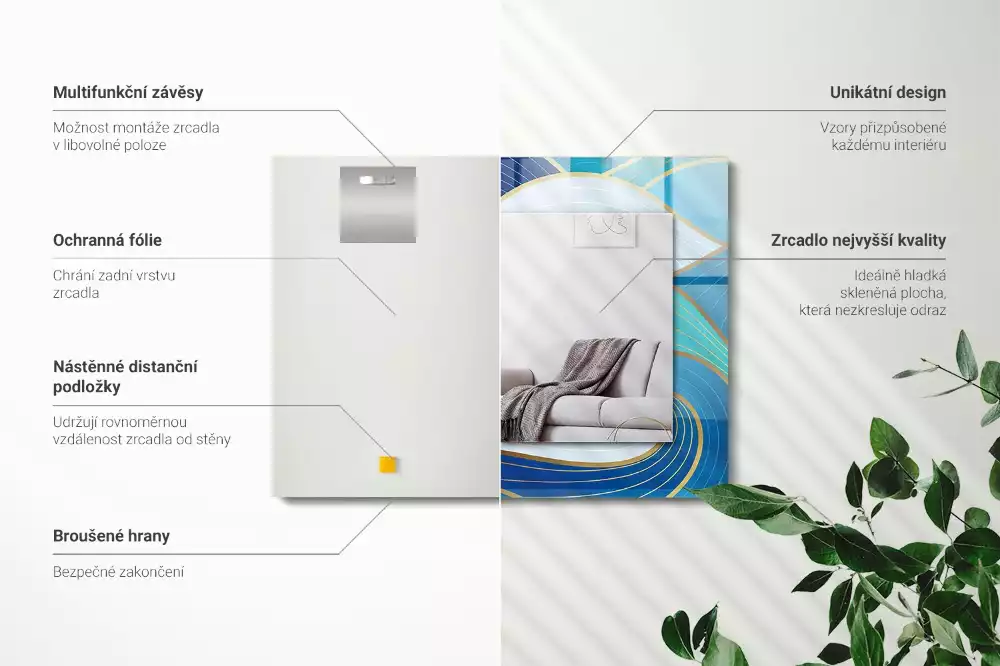 Miroir rectangulaire imprimé motifs ondulés bleu clair