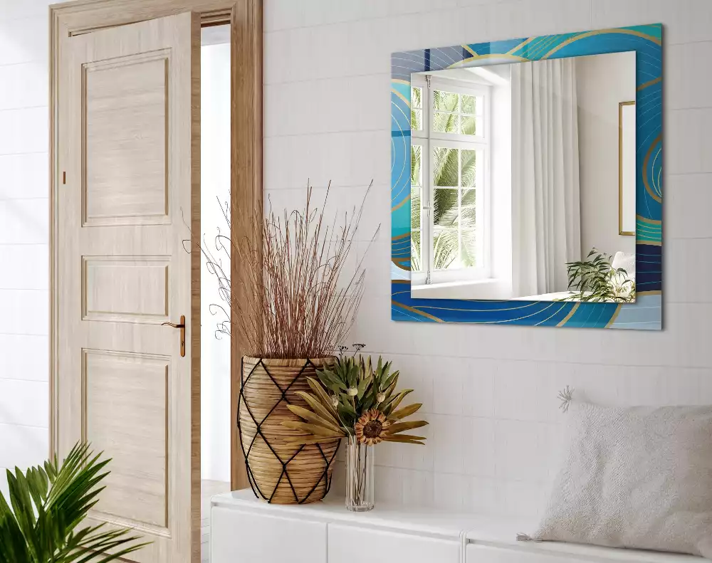 Miroir rectangulaire imprimé motifs ondulés bleu clair
