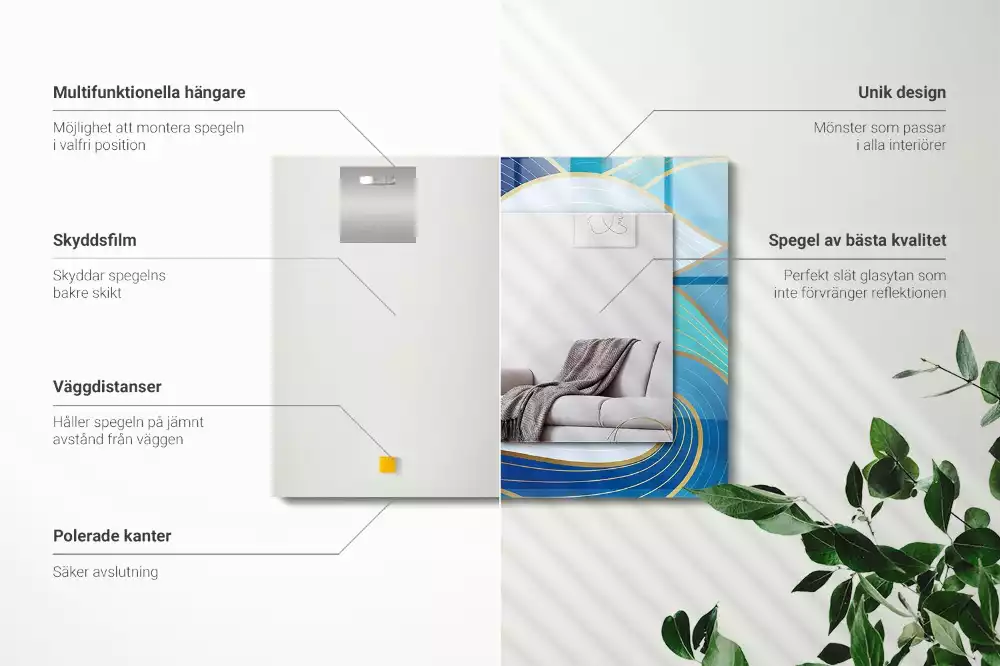 Miroir rectangulaire imprimé motifs ondulés bleu clair