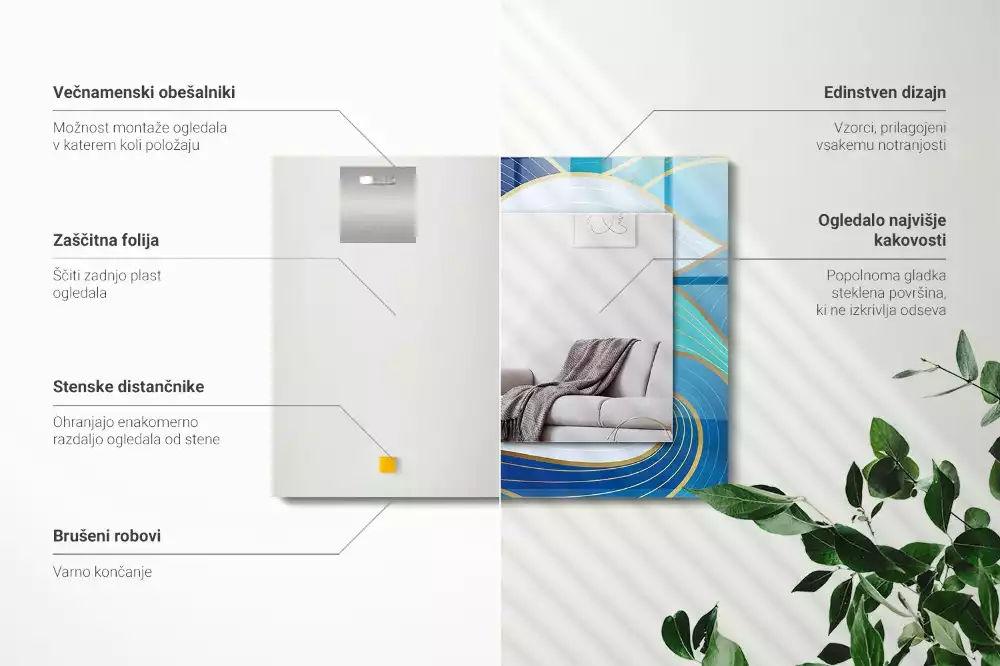Miroir rectangulaire imprimé motifs ondulés bleu clair