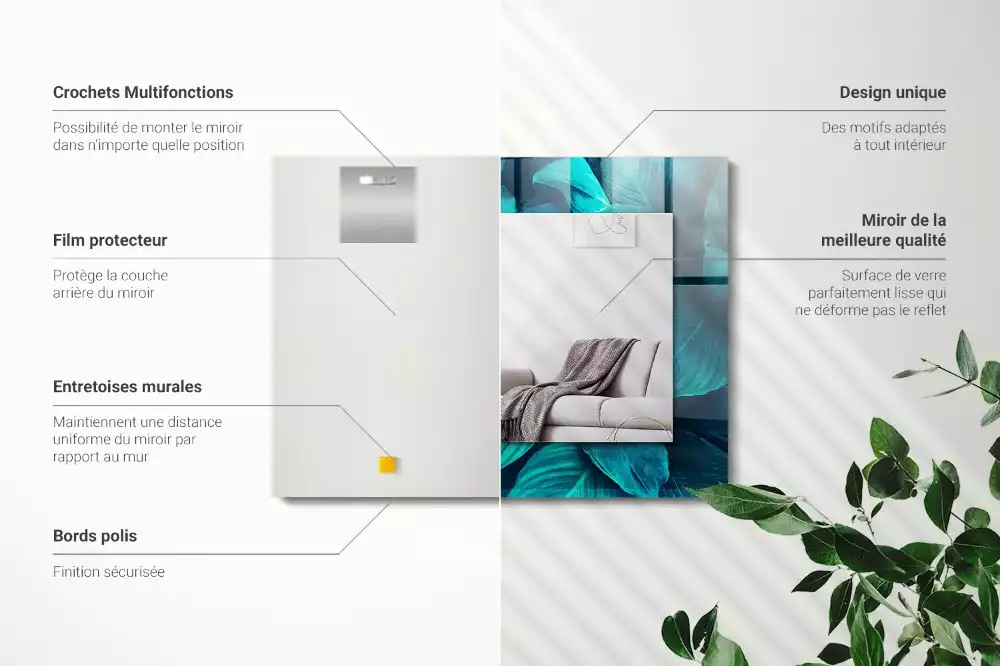 Miroir rectangulaire décoratif imprimé feuilles vertes