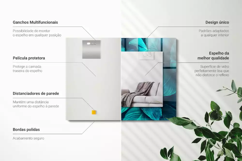 Miroir rectangulaire décoratif imprimé feuilles vertes