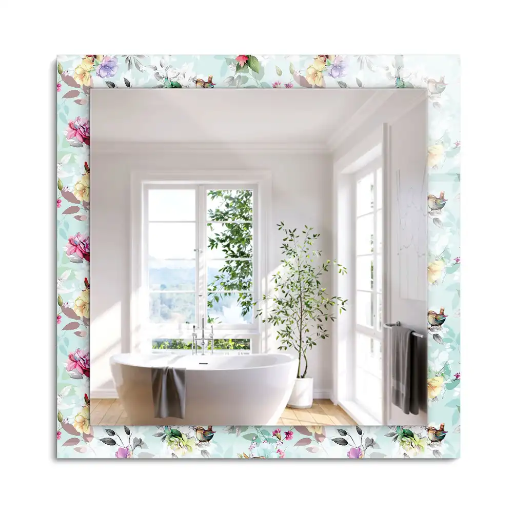 Miroir rectangulaire avec cadre imprimé motif floral avec oiseaux
