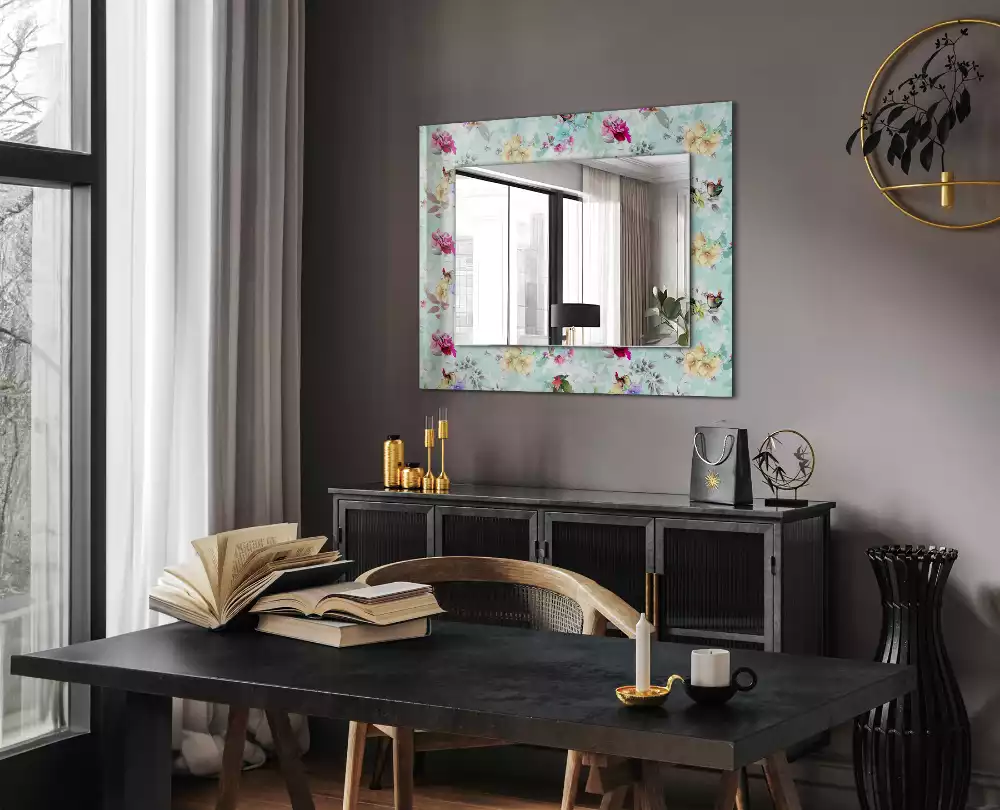 Miroir rectangulaire avec cadre imprimé motif floral avec oiseaux