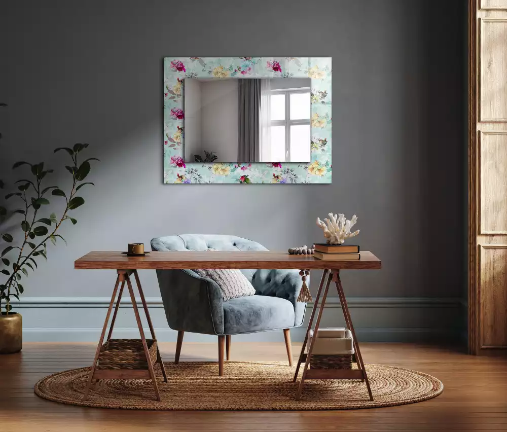 Miroir rectangulaire avec cadre imprimé motif floral avec oiseaux