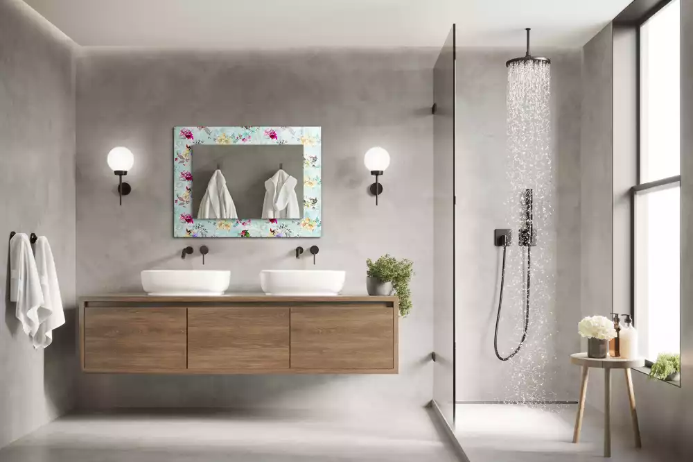 Miroir rectangulaire avec cadre imprimé motif floral avec oiseaux