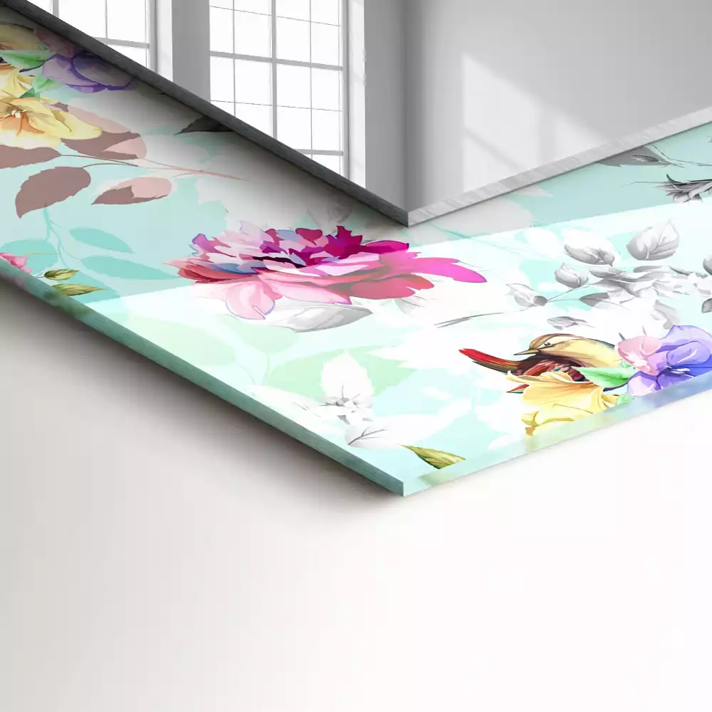 Miroir rectangulaire avec cadre imprimé motif floral avec oiseaux