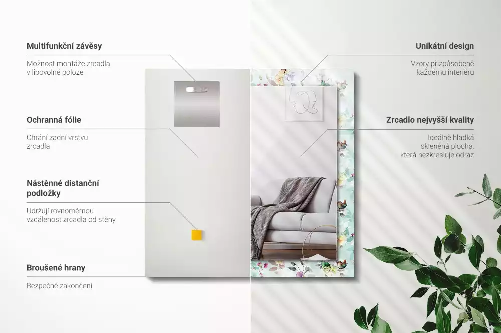 Miroir rectangulaire avec cadre imprimé motif floral avec oiseaux