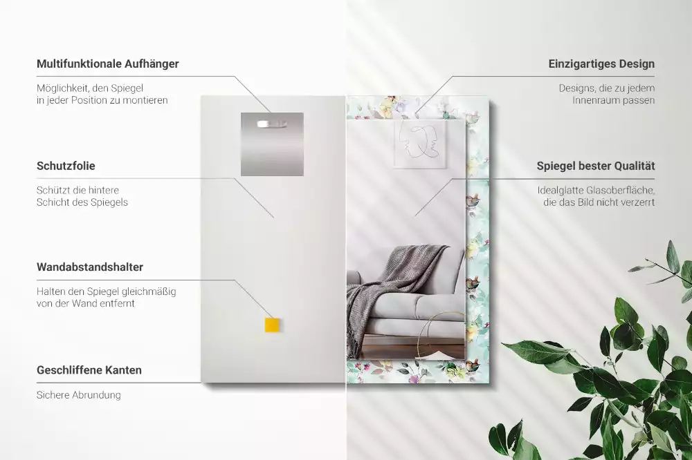Miroir rectangulaire avec cadre imprimé motif floral avec oiseaux