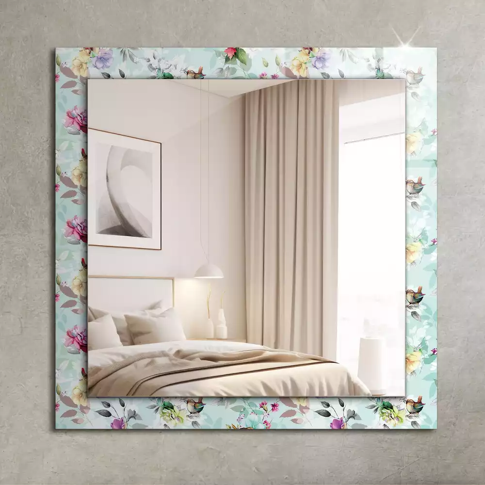 Miroir rectangulaire avec cadre imprimé motif floral avec oiseaux