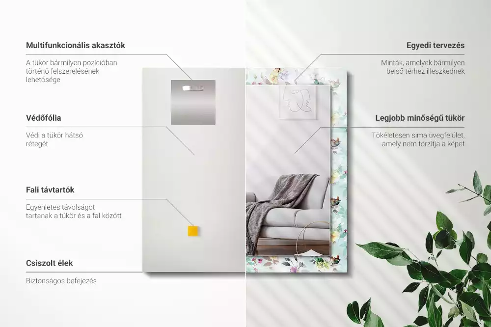 Miroir rectangulaire avec cadre imprimé motif floral avec oiseaux