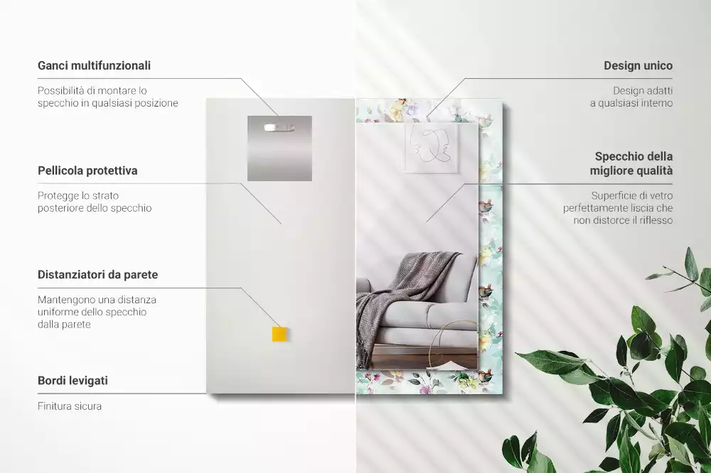 Miroir rectangulaire avec cadre imprimé motif floral avec oiseaux