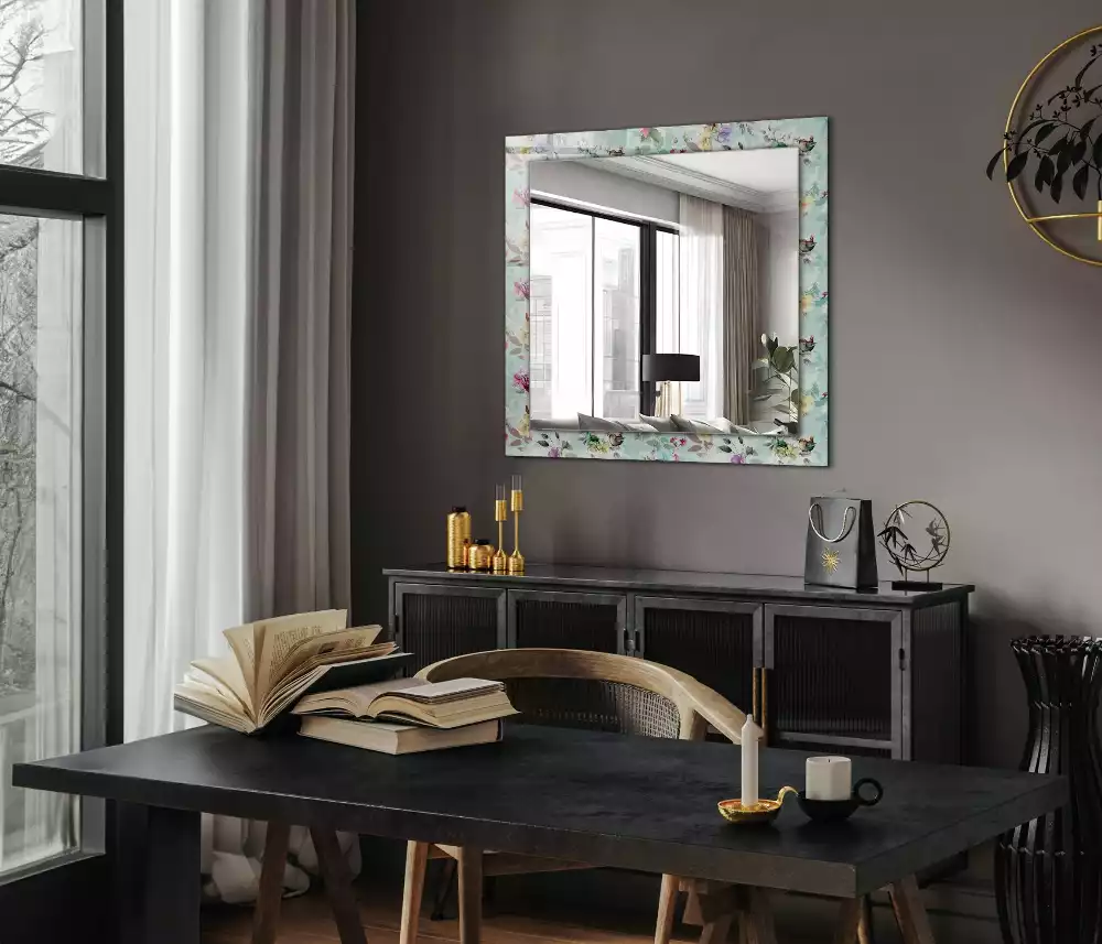 Miroir rectangulaire avec cadre imprimé motif floral avec oiseaux