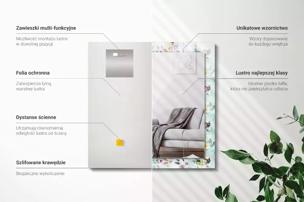 Miroir rectangulaire avec cadre imprimé motif floral avec oiseaux
