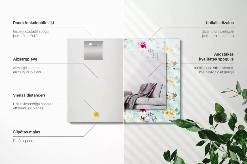 Miroir rectangulaire avec cadre imprimé motif floral avec oiseaux