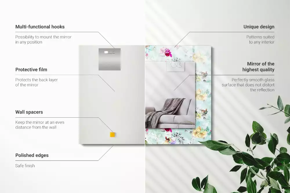 Miroir rectangulaire avec cadre imprimé motif floral avec oiseaux