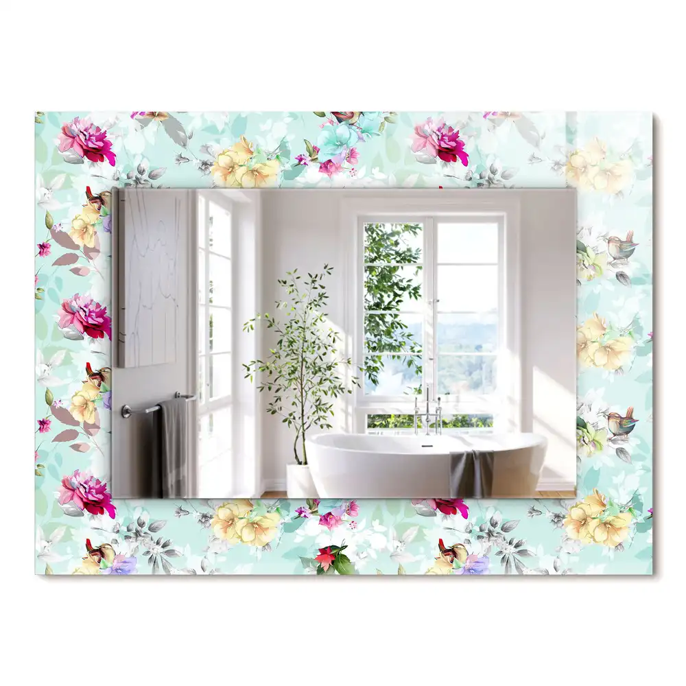 Miroir rectangulaire avec cadre imprimé motif floral avec oiseaux