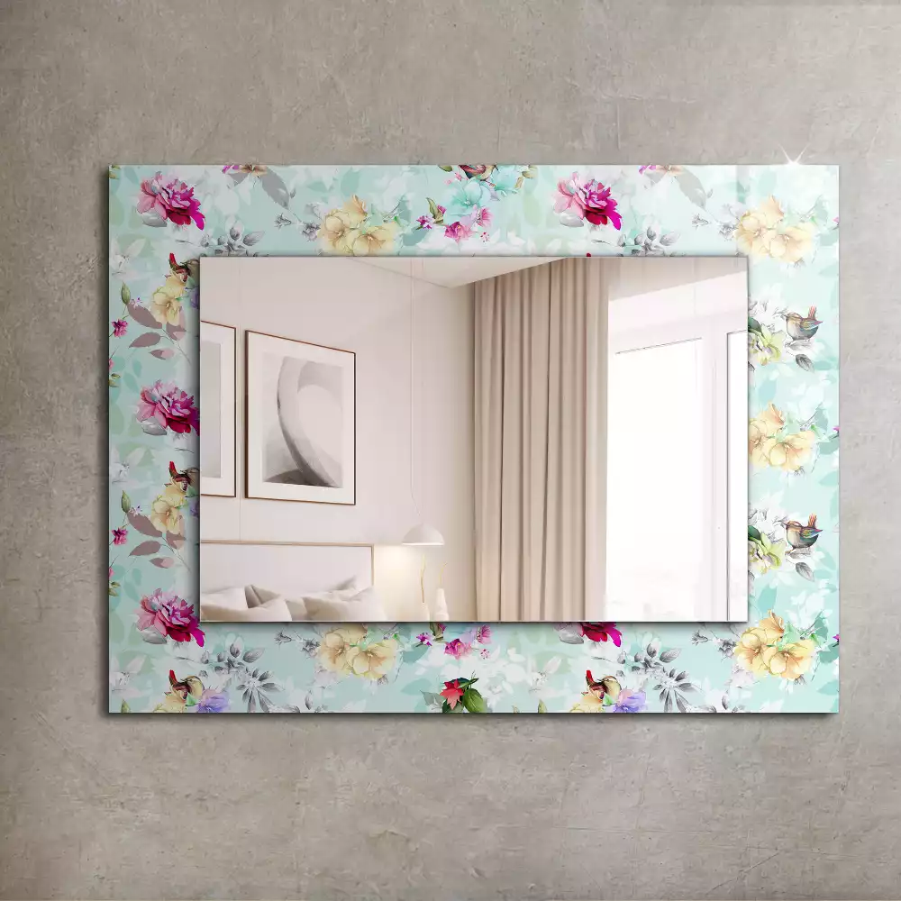 Miroir rectangulaire avec cadre imprimé motif floral avec oiseaux