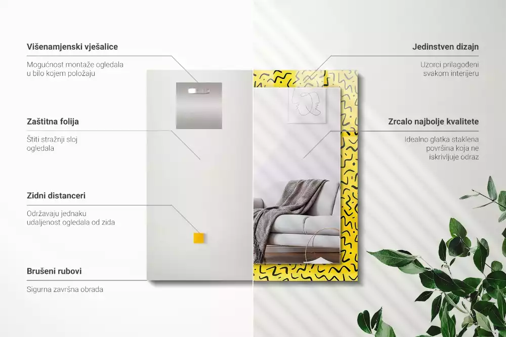 Miroir rectangulaire imprimé motif abstrait jaune