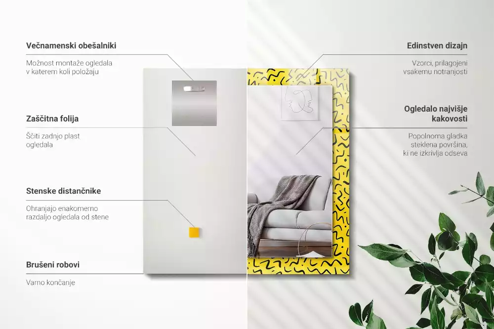 Miroir rectangulaire imprimé motif abstrait jaune