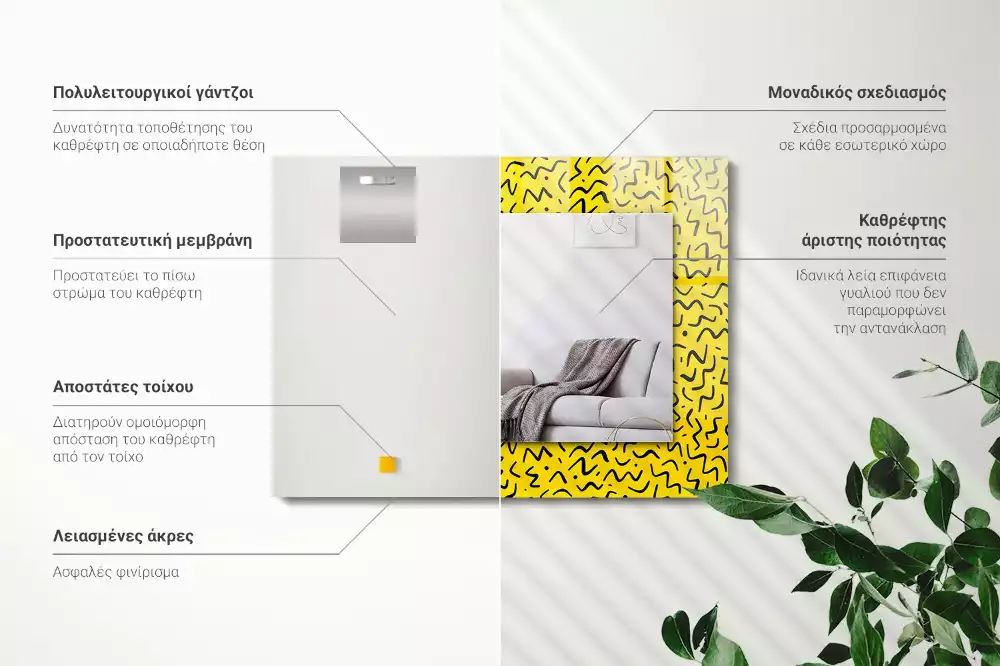 Miroir rectangulaire imprimé motif abstrait jaune