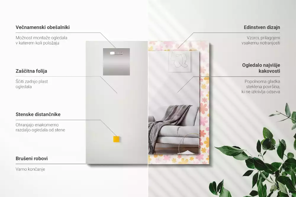 Miroir rectangulaire avec cadre imprimé motif floral