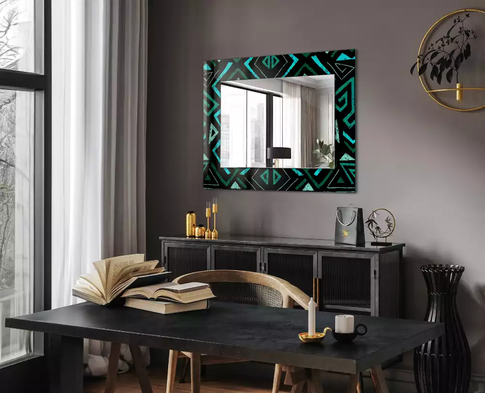 Miroir rectangulaire imprimé motif géométrique turquoise