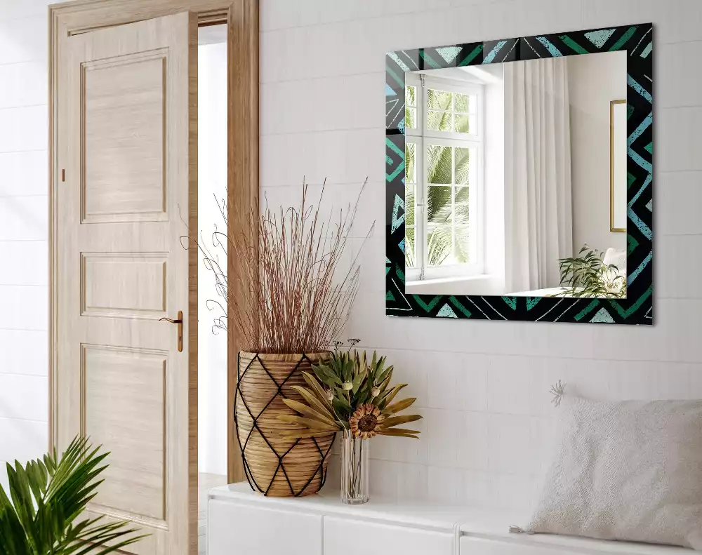 Miroir rectangulaire imprimé motif géométrique turquoise