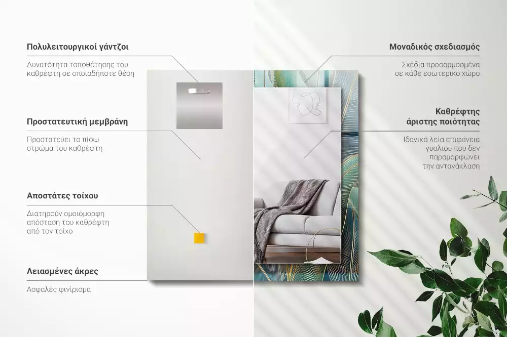 Miroir rectangulaire décoratif imprimé lignes de feuilles