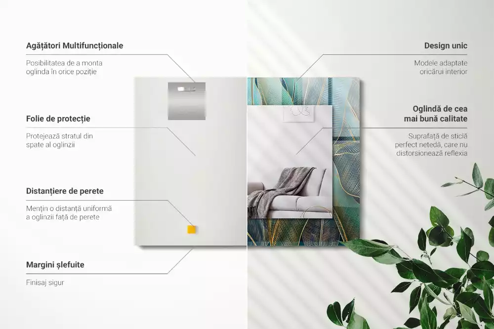 Miroir rectangulaire décoratif imprimé lignes de feuilles