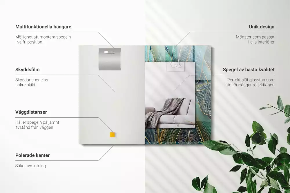 Miroir rectangulaire décoratif imprimé lignes de feuilles