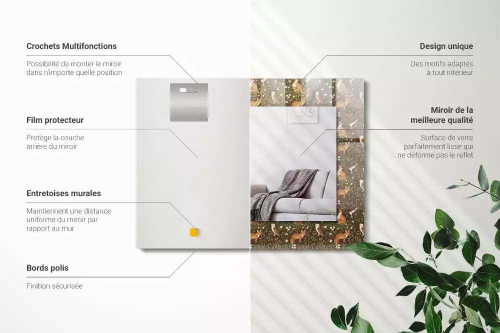 Miroir rectangulaire à cadre imprimé renard et chouette