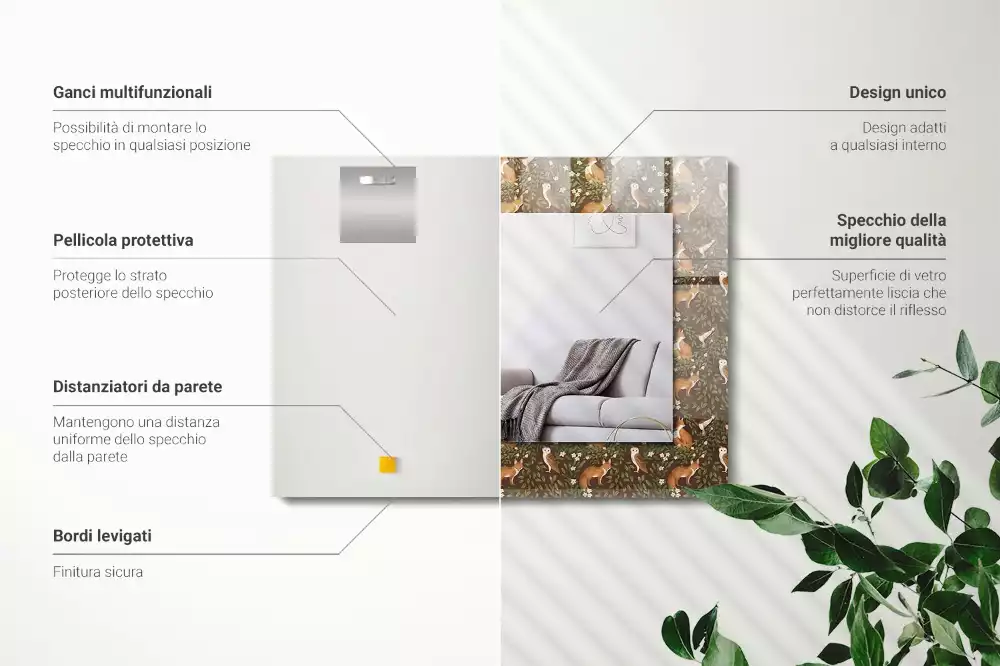 Miroir rectangulaire à cadre imprimé renard et chouette