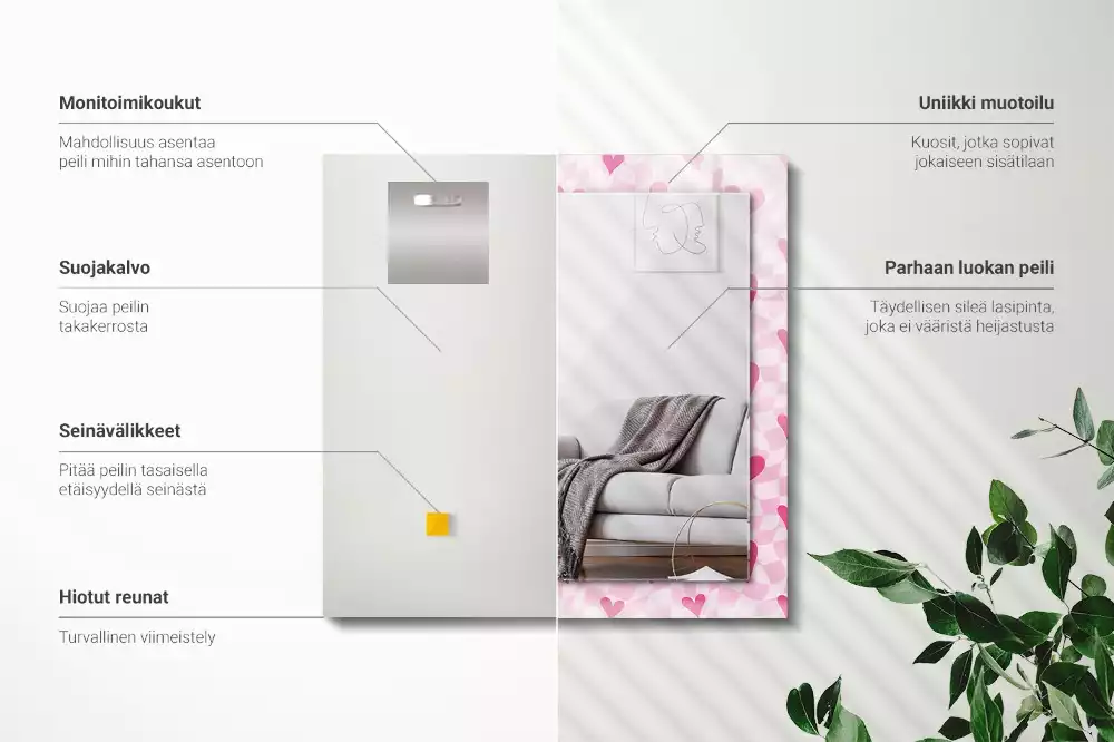 Miroir rectangulaire décoratif imprimé petits cœurs roses