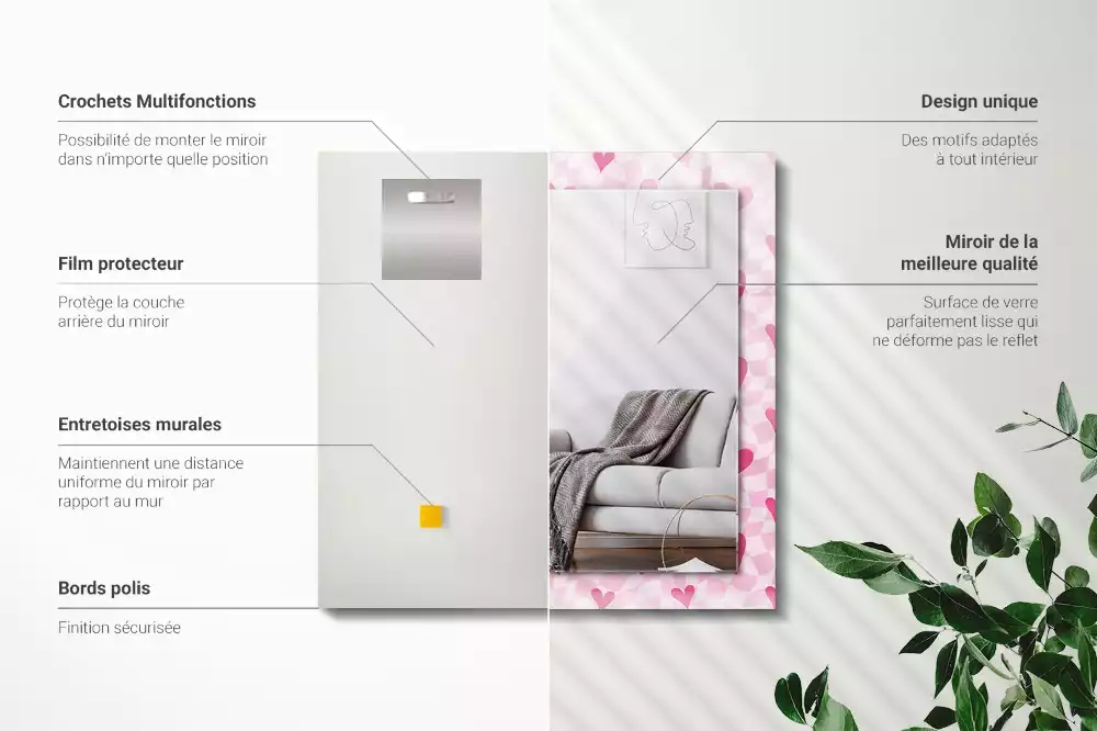Miroir rectangulaire décoratif imprimé petits cœurs roses