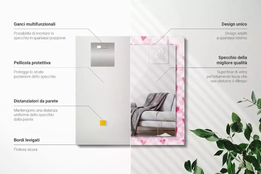 Miroir rectangulaire décoratif imprimé petits cœurs roses