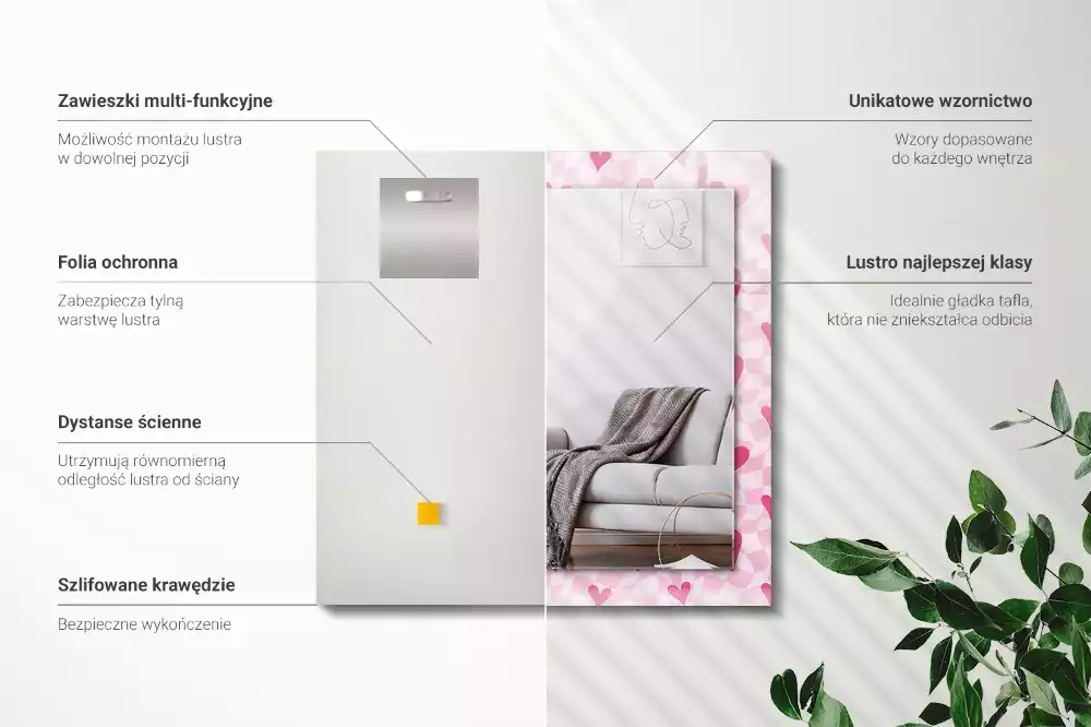 Miroir rectangulaire décoratif imprimé petits cœurs roses