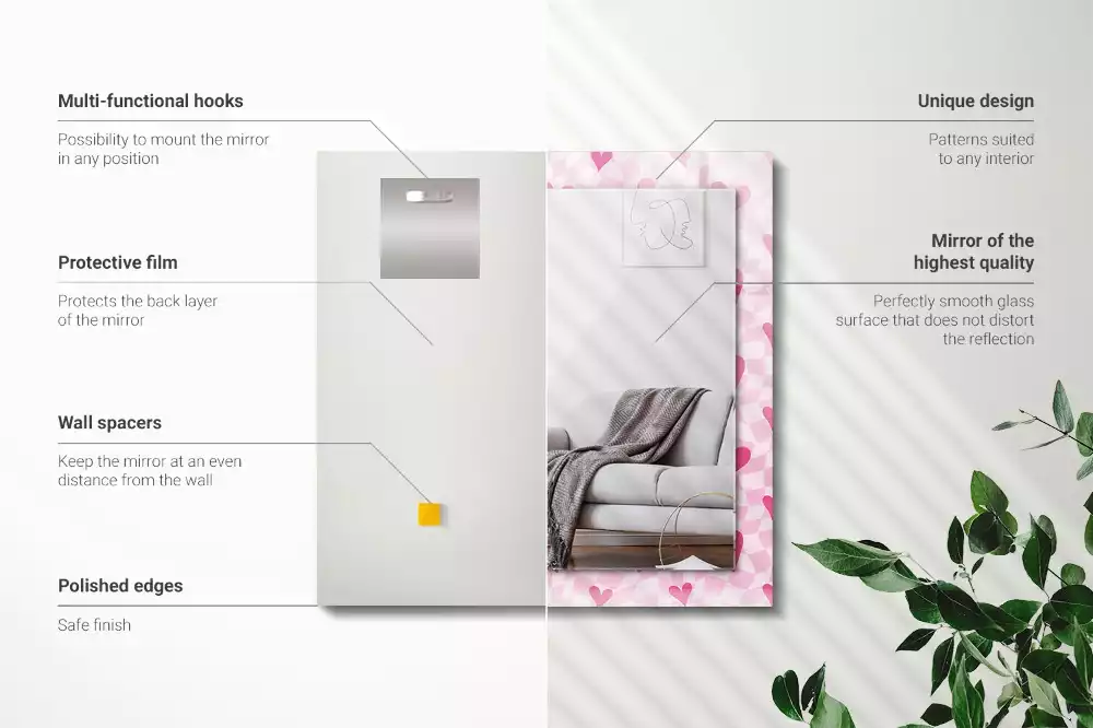 Miroir rectangulaire décoratif imprimé petits cœurs roses
