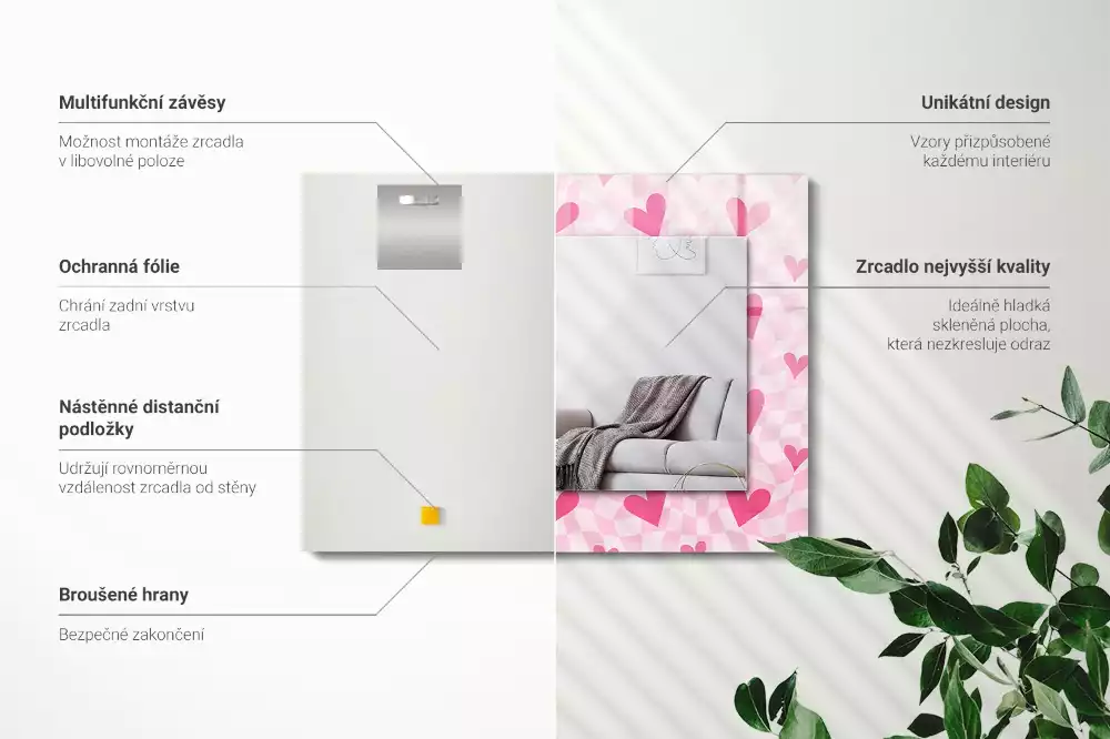 Miroir rectangulaire décoratif imprimé petits cœurs roses