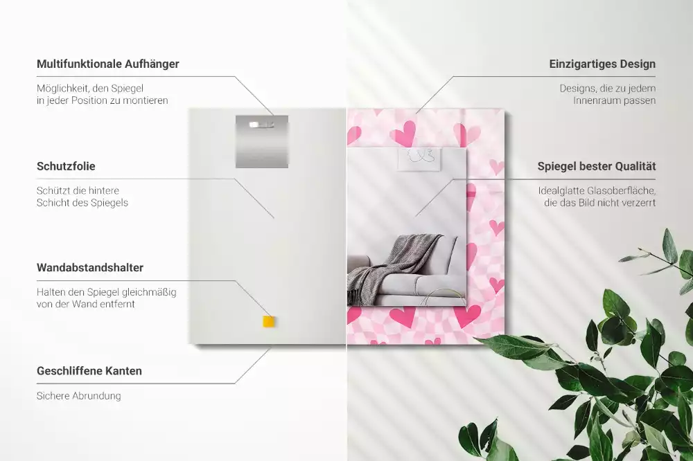 Miroir rectangulaire décoratif imprimé petits cœurs roses