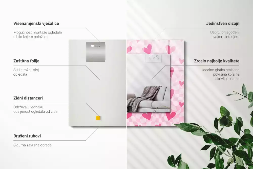 Miroir rectangulaire décoratif imprimé petits cœurs roses