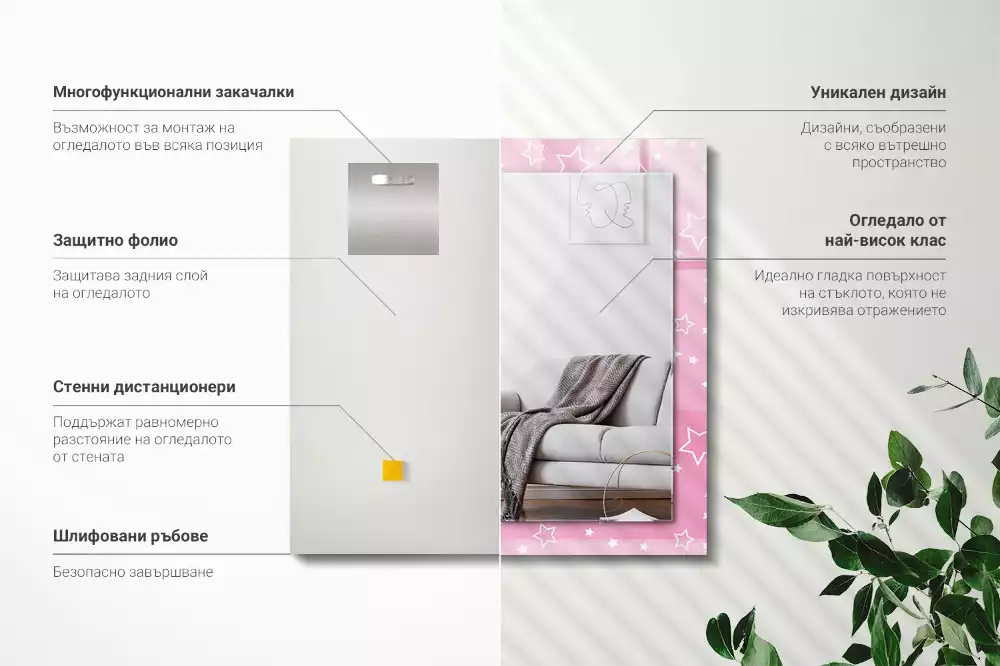Miroir rectangulaire avec cadre imprimé petites étoiles roses