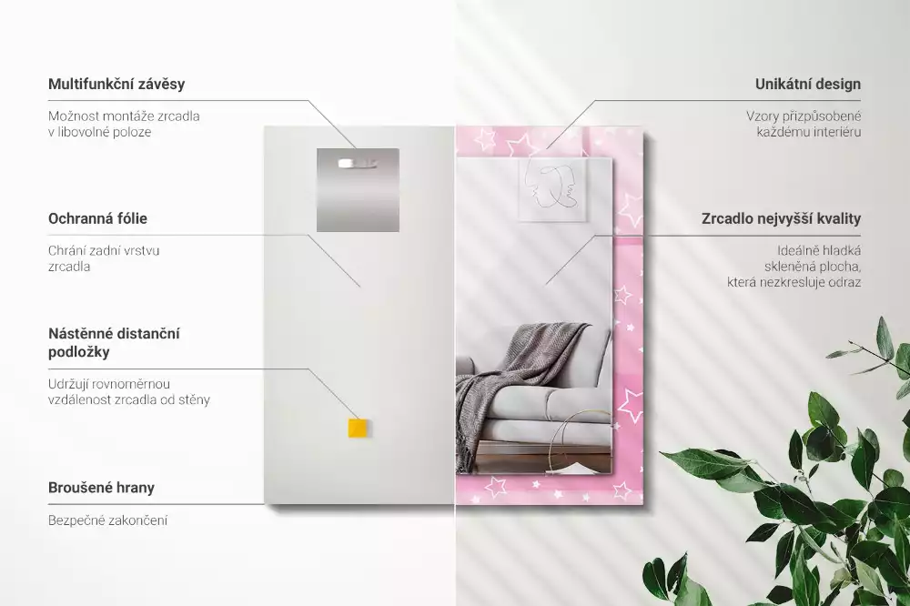 Miroir rectangulaire avec cadre imprimé petites étoiles roses