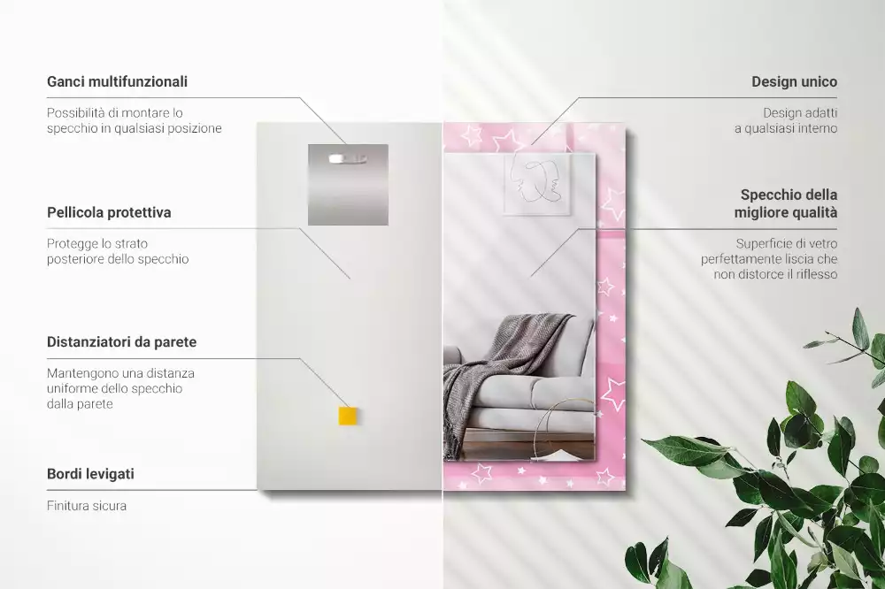 Miroir rectangulaire avec cadre imprimé petites étoiles roses
