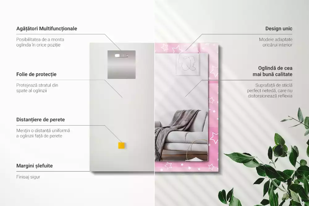Miroir rectangulaire avec cadre imprimé petites étoiles roses