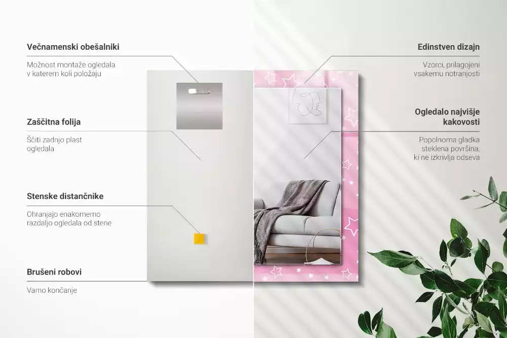 Miroir rectangulaire avec cadre imprimé petites étoiles roses