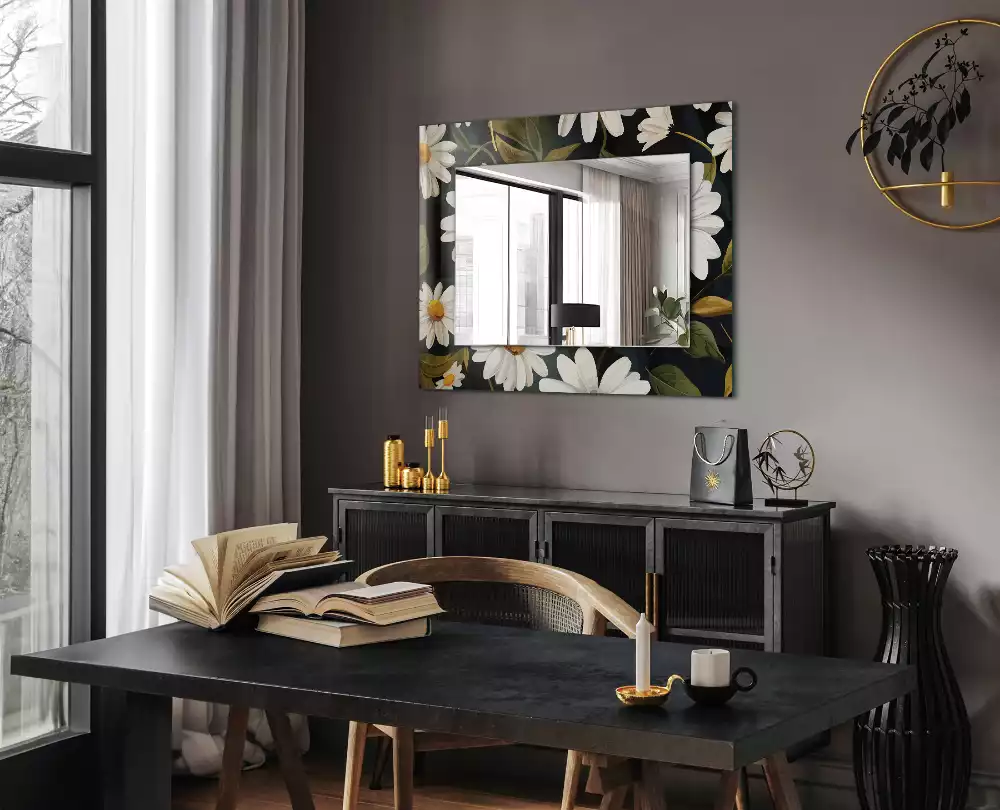 Miroir rectangulaire à cadre imprimé marguerites blanches avec feuilles